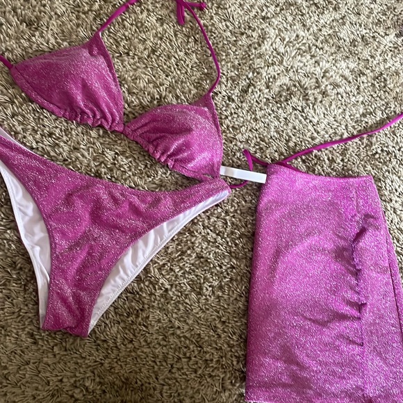 L/L VS PINK Swim Shimmer Triangle Bikini Top Brazilian CoverUp Skirt Bikini Set - Picture 6 of 6